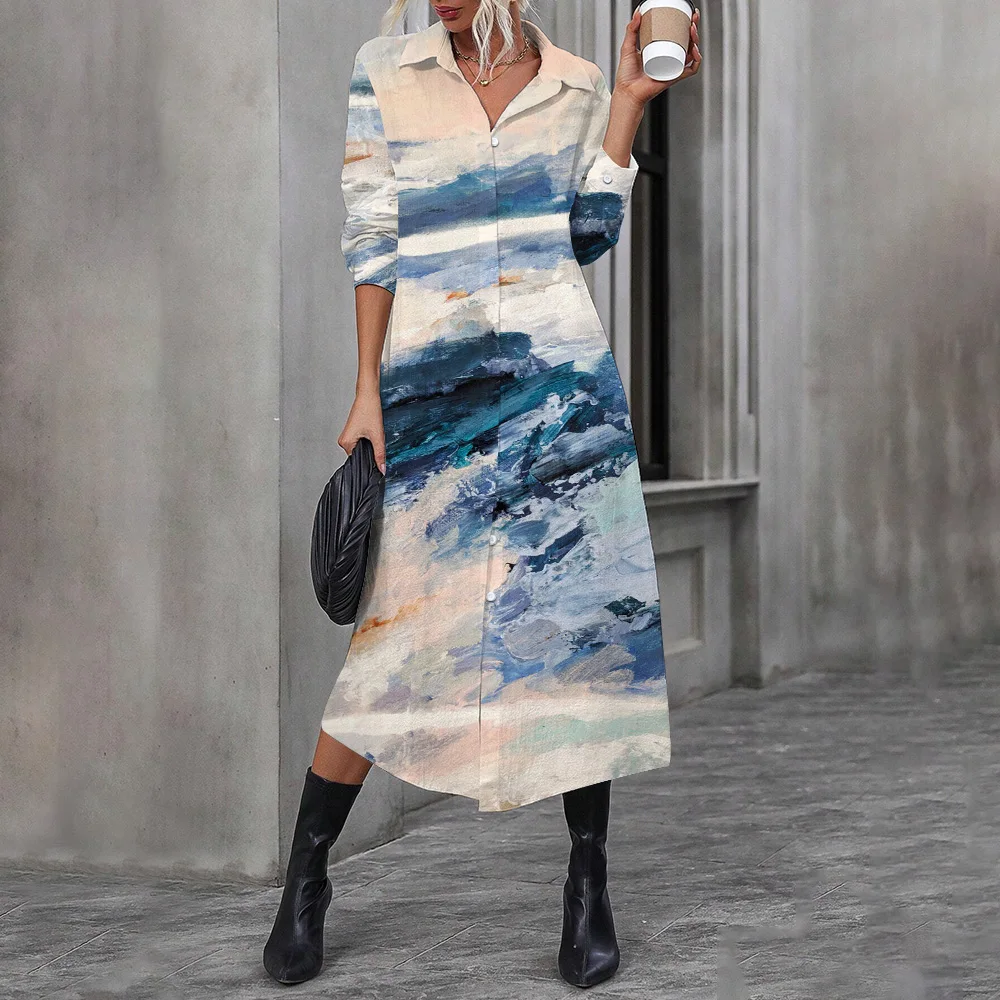 Autumn Abstract Colourful Printed Shirt Dress Elegant Women's Party Long Dress Ladies Turn-down Single-breasted Mid-length Dress