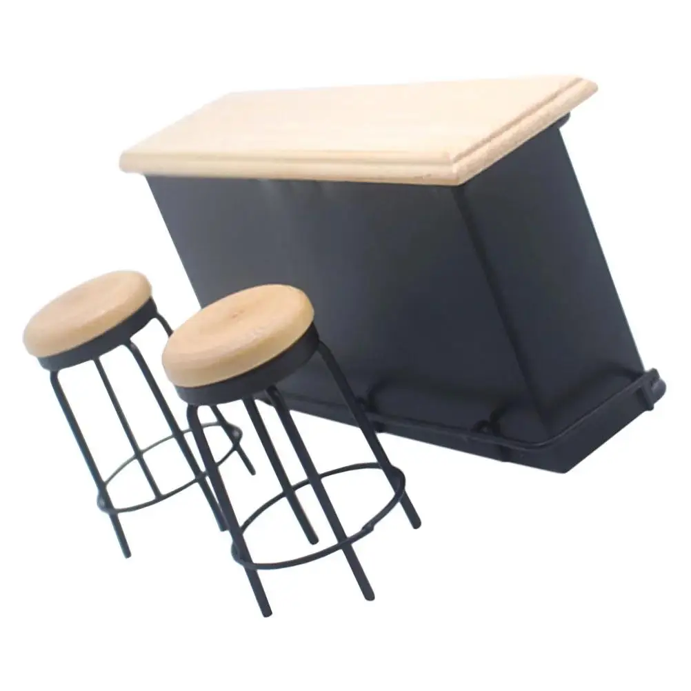 DIY 미니 펍 장난감 1: 12 스케일 인형 집 가구 바 장난감 나무 카운터 미니어처 의자 테이블