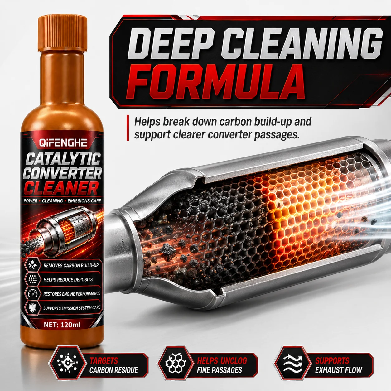 QIFENGHE 120ml Catalytic Converter Cleaner, Removes Carbon Build-Up, Restores Engine Performance & Exhaust System Care