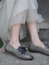 Artmu Genuine Leather Big Flower Women Loafers Shoes Soft Sofles Slip On Elegant Thick Heel Luxury Shoes Ladies Lazy Dress Shoes