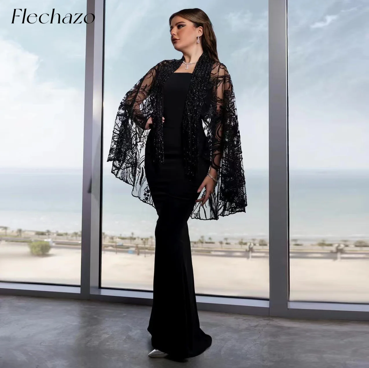 

Flechazo Black Evening Dresses With Tulle Capelet Strapless Sequin Formal Party Dress For Women 2024 robe de soiree femmes