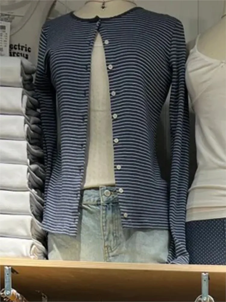 

Blue White Striped Eyelet T-shirt Women O-neck Single Breasted Cotton Long Sleeve Tee Cute Sweet Preppy Style Slim Tops Tshirt