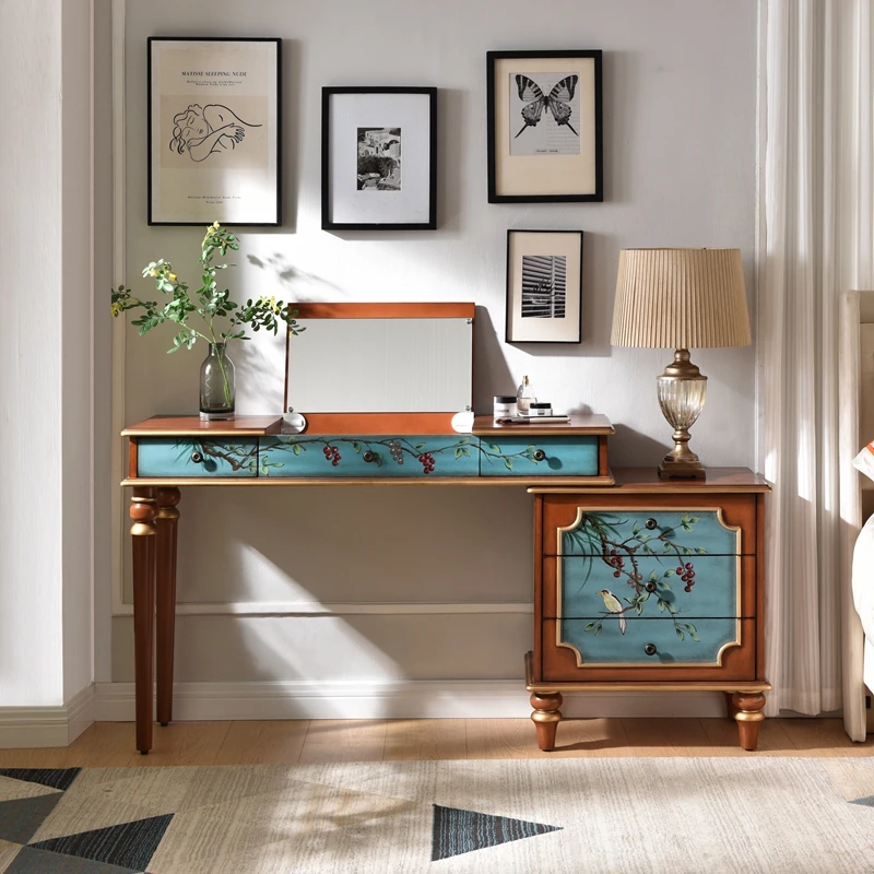 luxury wood Dressing table design Hairstyles vanity with lmirror stool bedroom furnitures French Retro Makeup Desk home makeup
