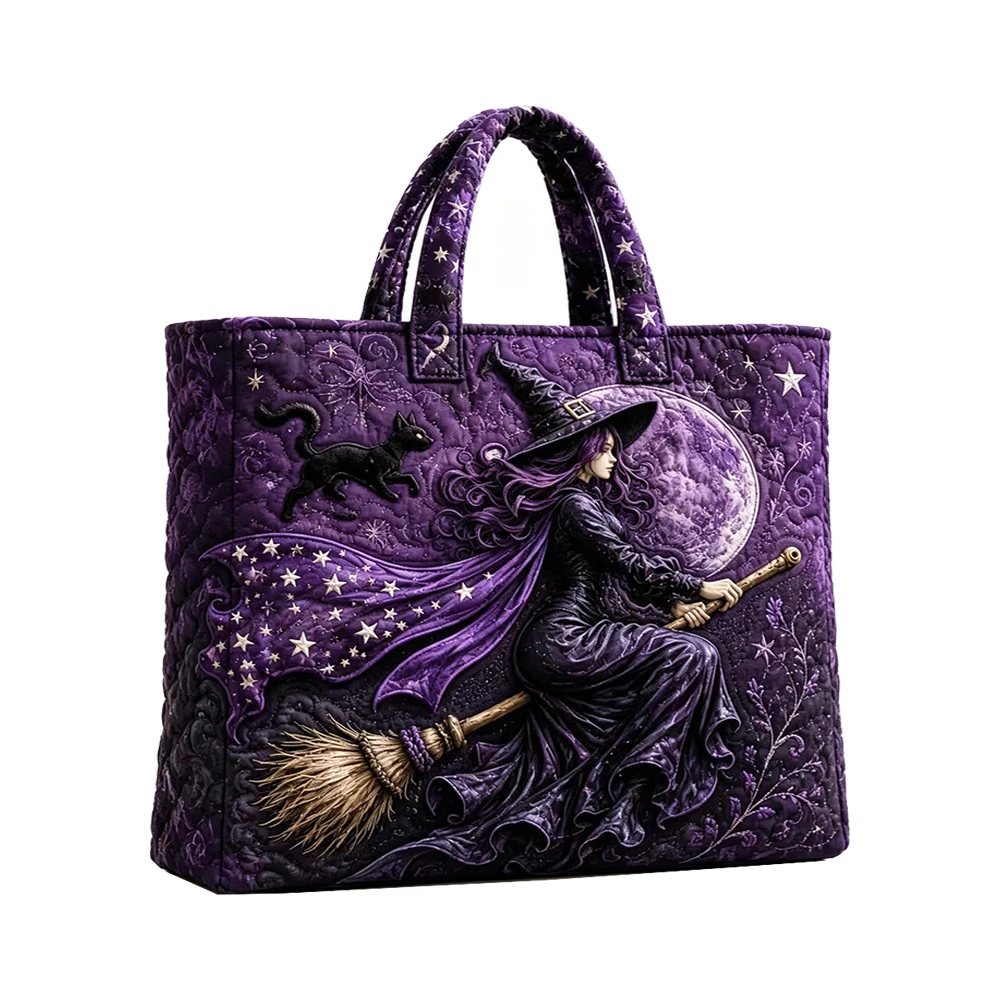 Halloween Witch Quilted Tote Gothic Moon Star Broomstick Print Shoulder Bag Casual HandBag Women Daily Shopping Bags