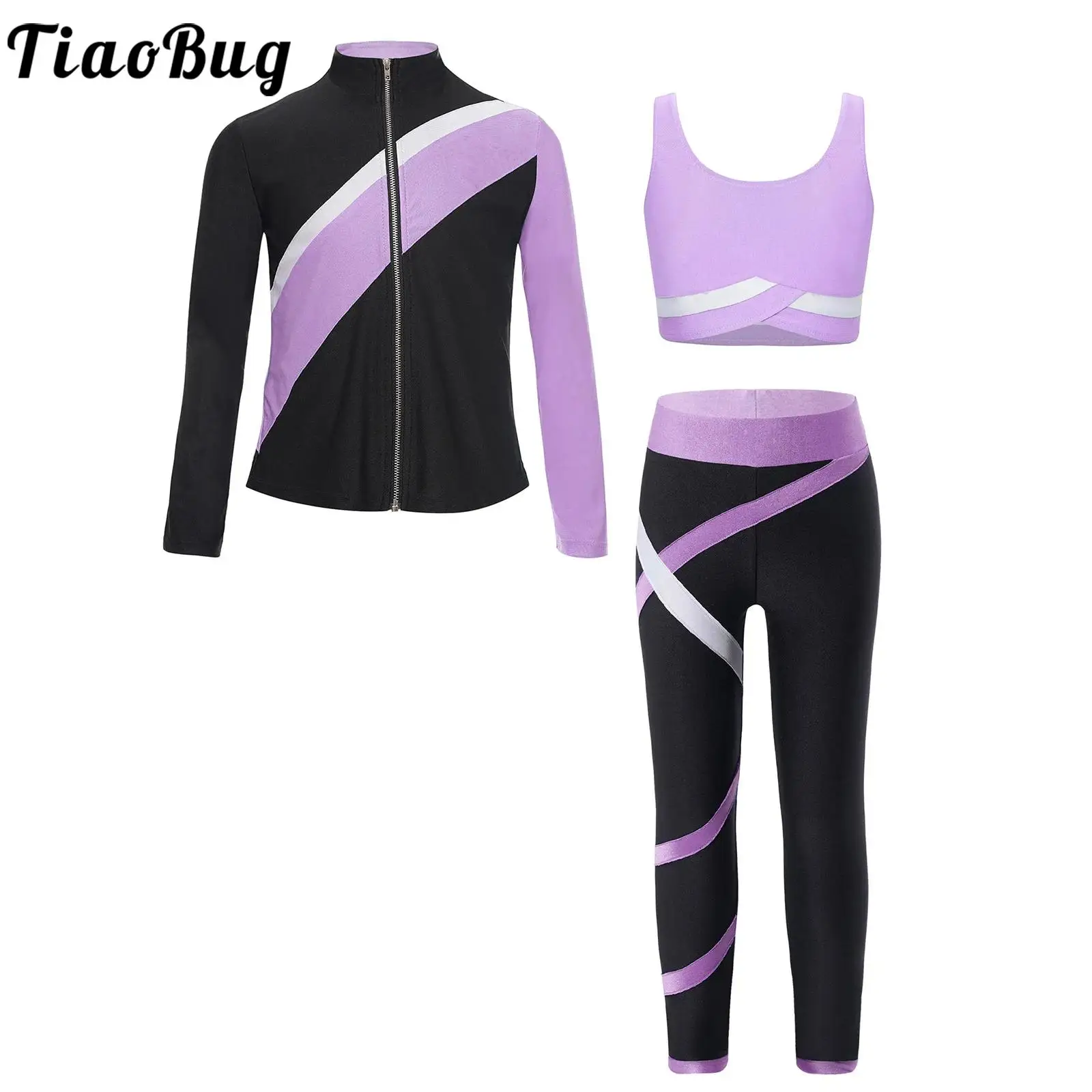 Kids Girls Figure Skating Sports Suit Long Sleeve Sweatshirt with Vest Top Leggings Gymnastic Yoga Workout Running Tracksuit