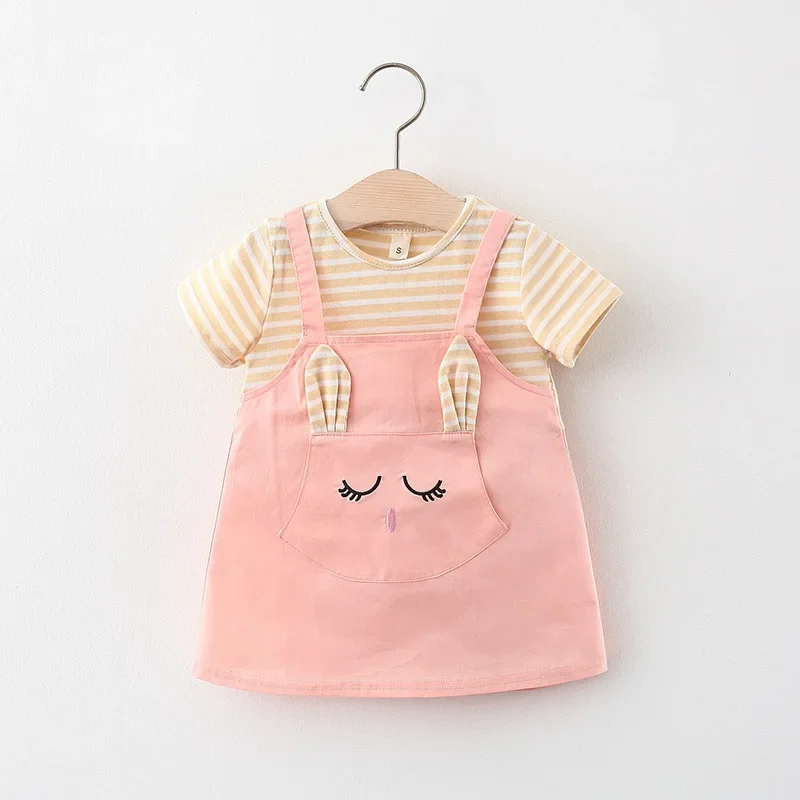 Summer Baby Cartoon Cat Dress Striped Short Sleeve Top Suspended Princess Dress 0-3 Year Old Girls' Clothing image 4