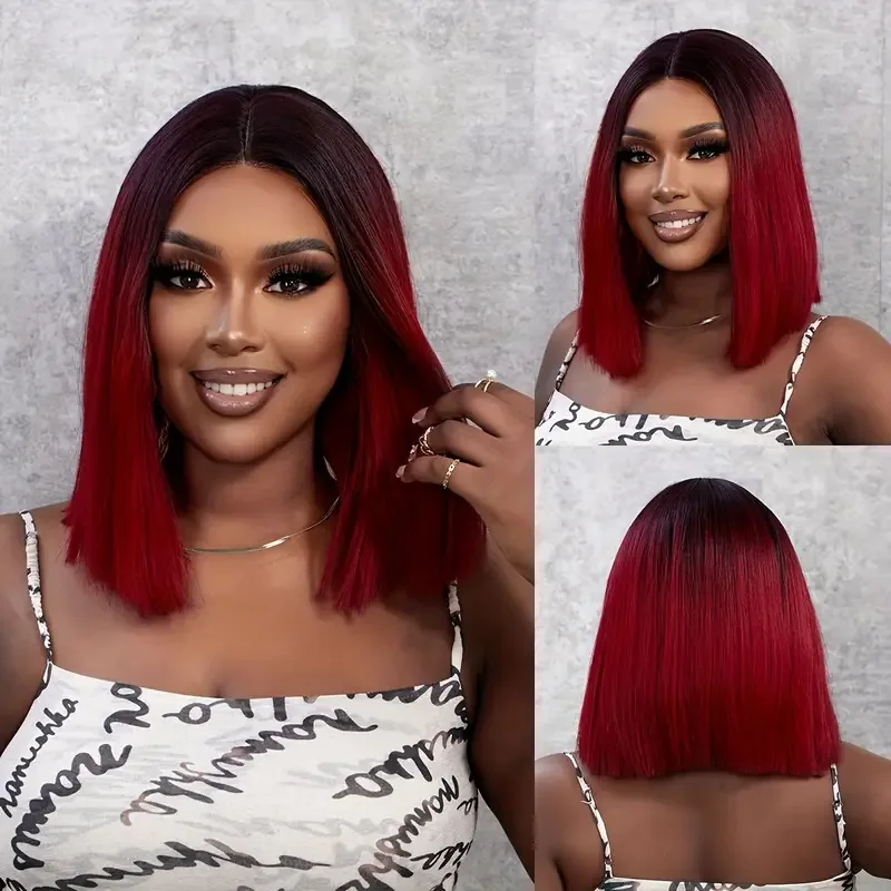 female fashion gradient burgundy short straight lace shoulder-length Wig