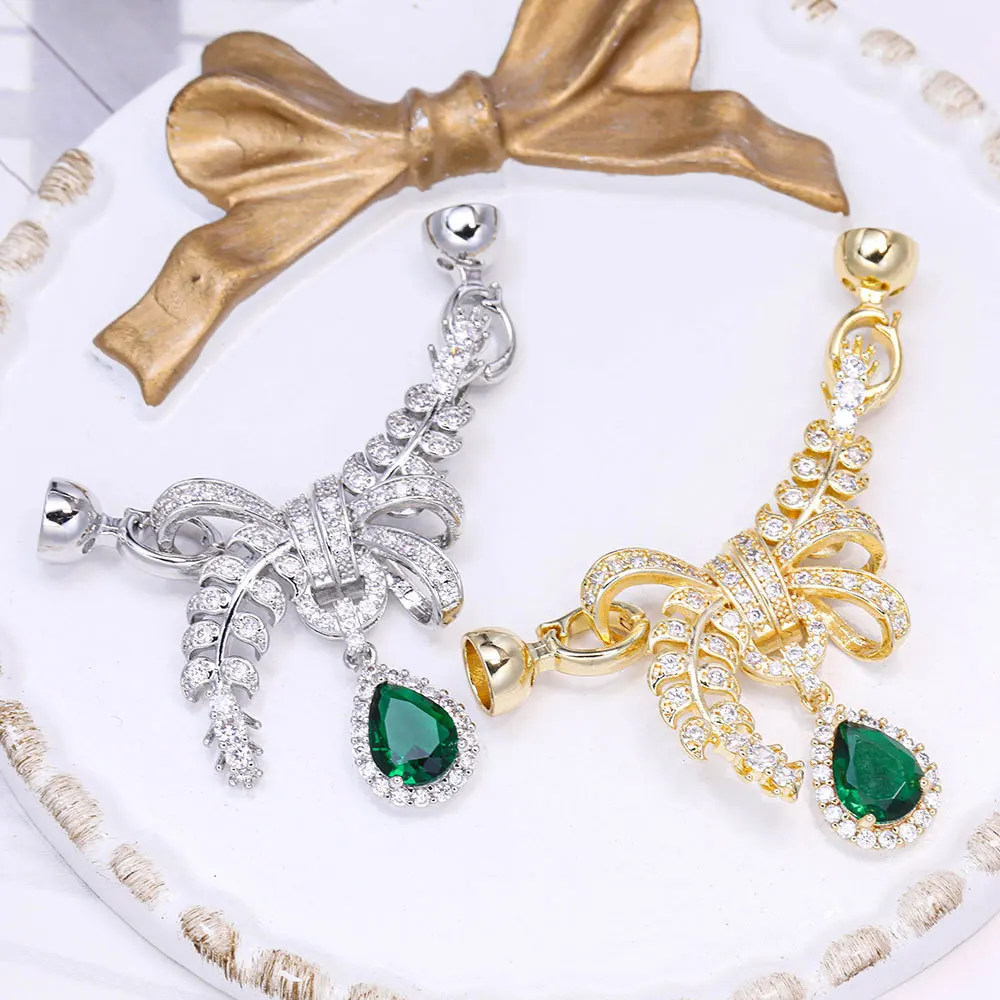 1 Piece Gold-plated Copper Emerald Wheat Ear Bow Pearl Clasp Removable Sweater Chain Pendant Clasp DIY Necklace Clasp Accessory