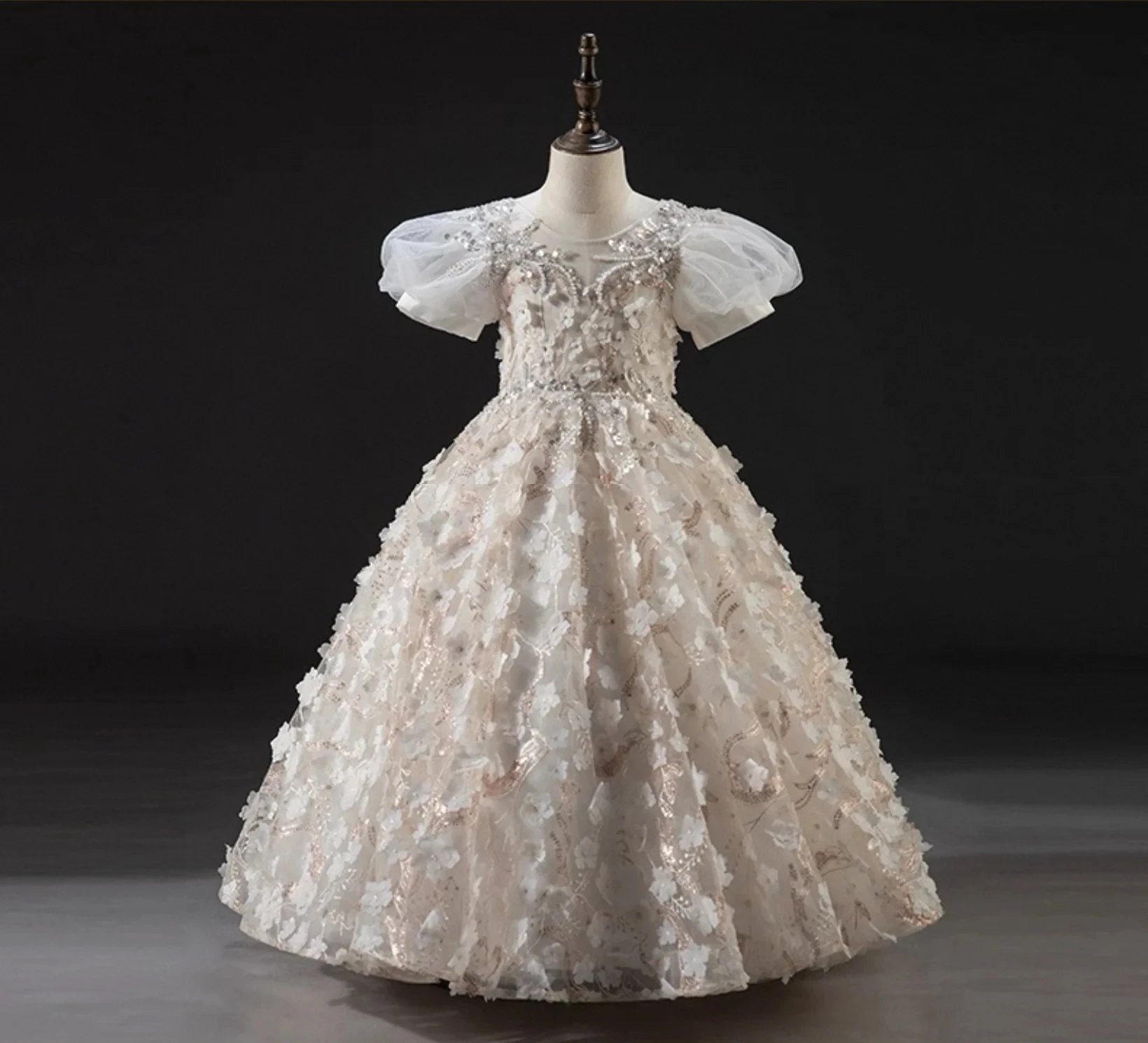 Girls Ivory Puff Sleeve 3D Floral Tulle Ball Gown Flower Girl Dress with Keyhole Back and Beaded Bodice Custom Made F765