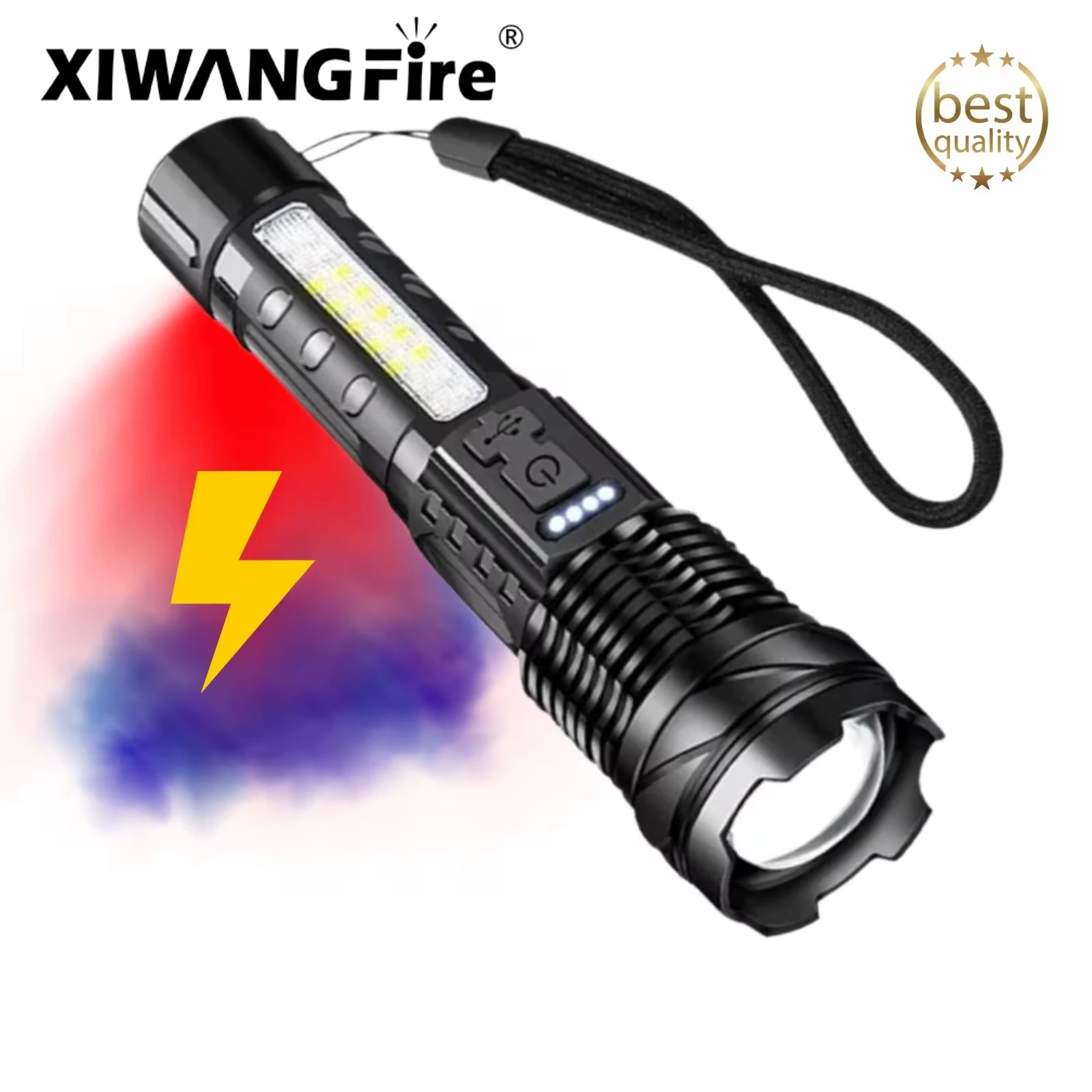 XIWANGFIRE A76 Super Bright Flashlight Zoom Torch Dual Light Sources 10 Modes Built-in1200MaH Battery Camping Emergency Working