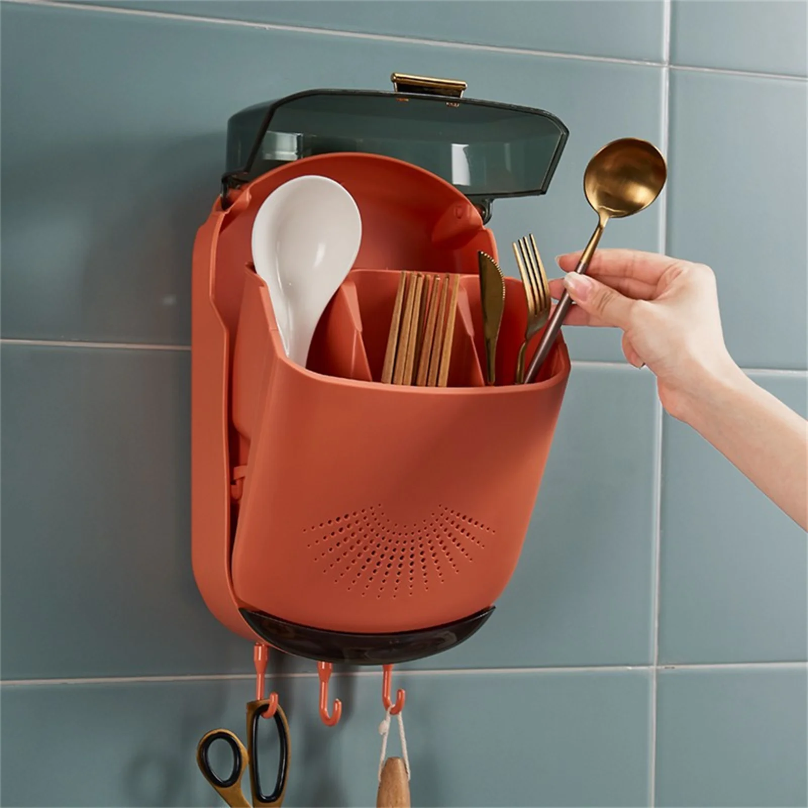 Wall Hanging Chopsticks Box Kitchen Utensil Cutlery Organizer With Drain Holes Bottom Hooks Lid Wall-Mounted Utensils Organizer