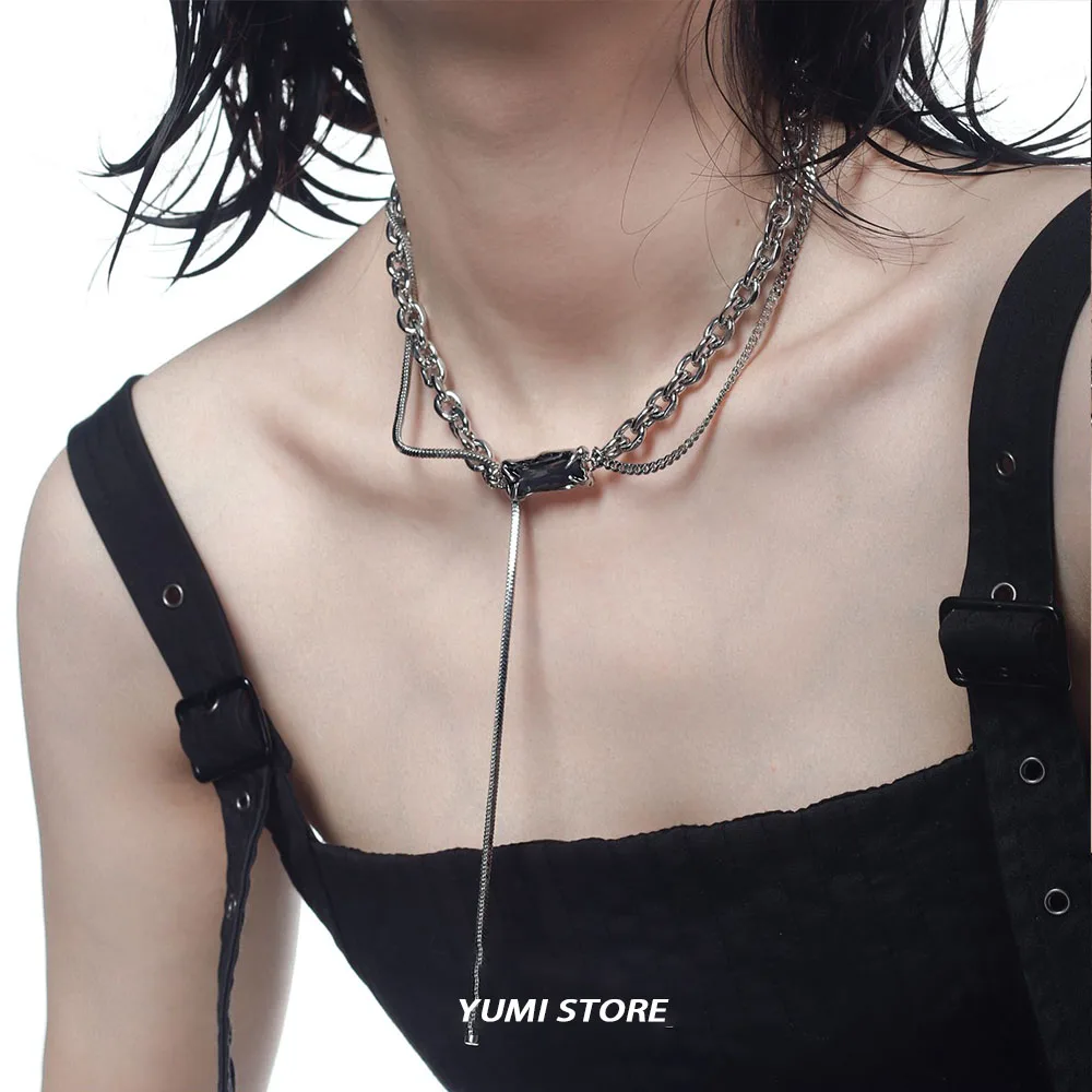 Double Layered Square Tassel Necklace For Man Titanium Steel Clavicle Chain Korean Design Jewelry Kpop Accessories Wholesale