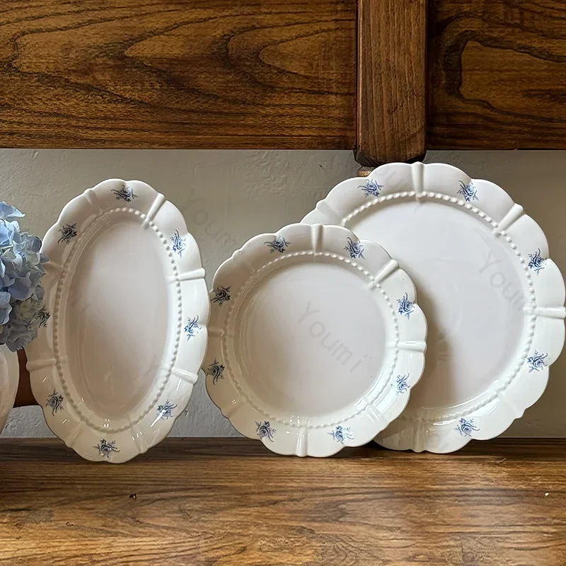 Creative Round Flowers Dining Plates High End Restaurant Afternoon Tea Dessert Fruits Plate Home Delicious Dishes Ceramic Plate