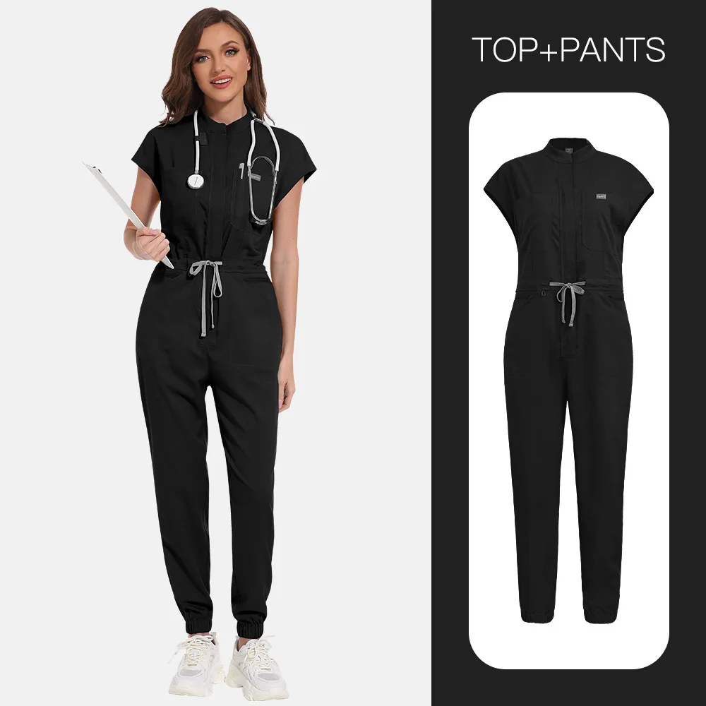 Soft Medical Jumpsuit Neutral Zip Cap Sleeve Multi Pocket Drawstring Waist Overalls Nurse Pet Beautician One Piece Workwear