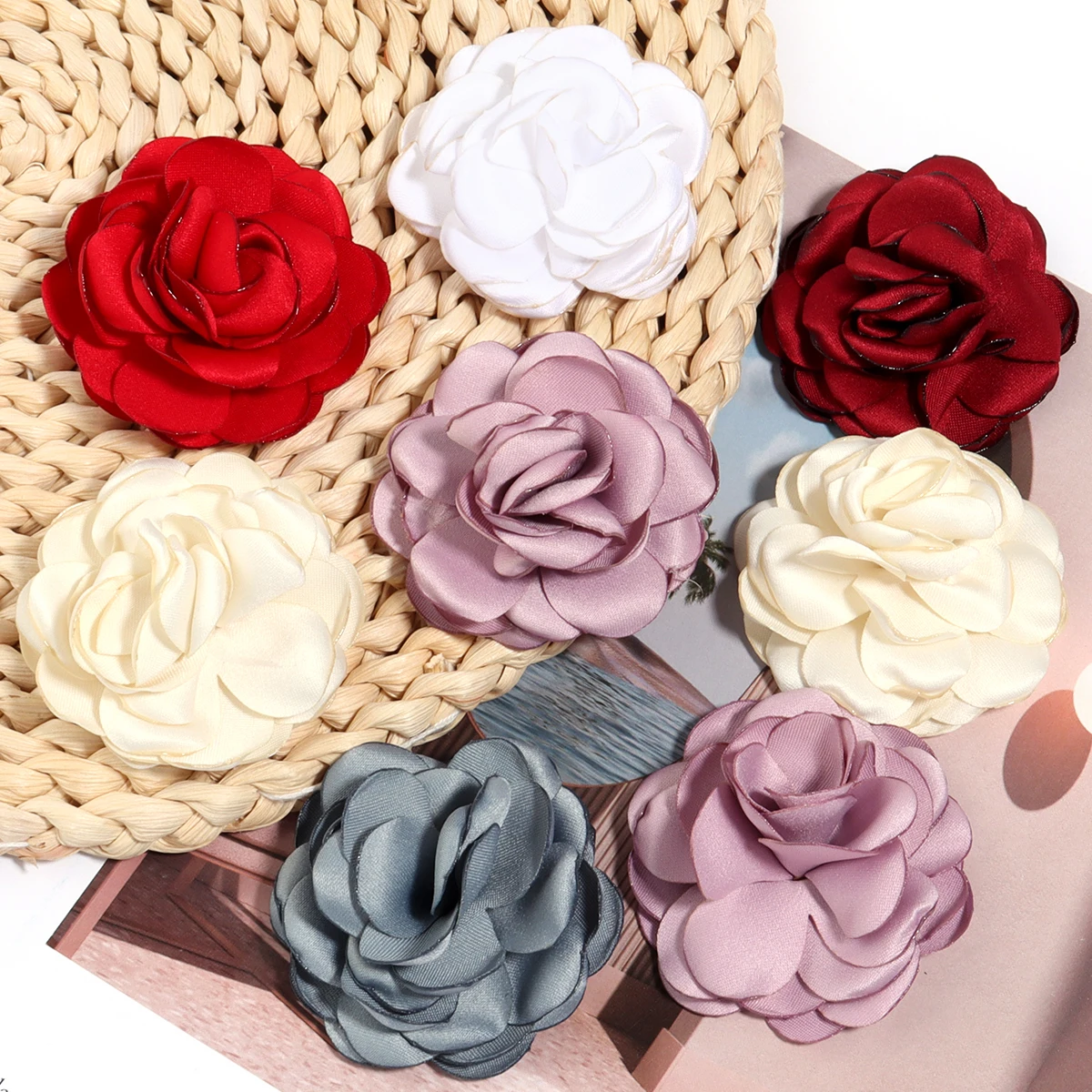 3Pcs/Lot 5cm Satin Fabric Flowers Handmade Burned Edge Camellia Flower For DIY Sewing Crafts Clothing Accessories Wedding Decor
