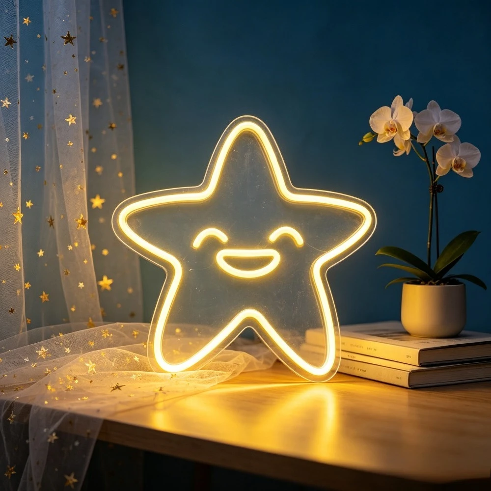 Smile Star Neon Sign LED Marquee Light for Room Nursery Decor Aesthetic Glowing Wall Art Reusable USB Night Light Birthday Gift