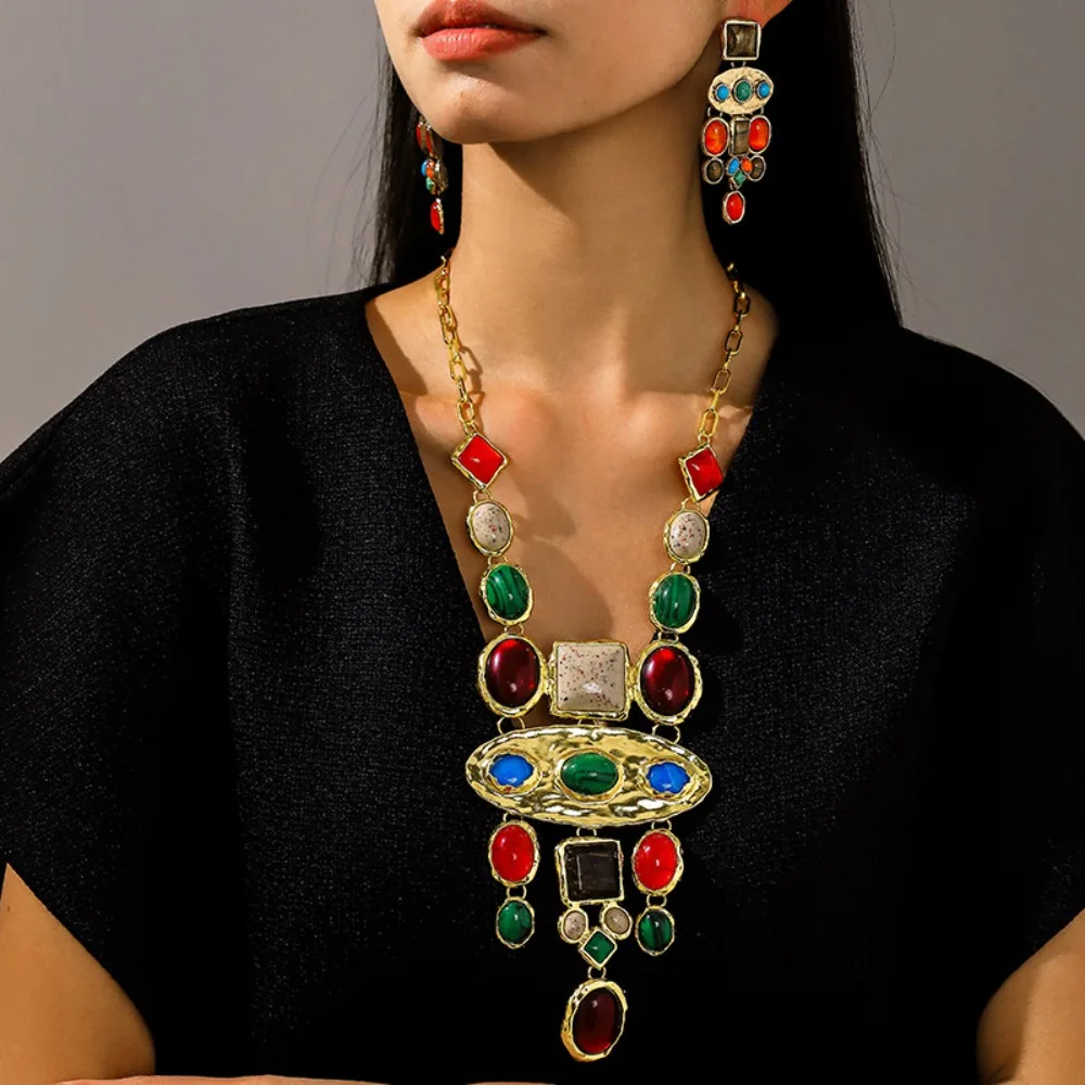 

Vintage Tassels Necklaces Earrings Baroque Exaggerated Flower Beaded Pendant Classic Indian Fashion Jewelry Sets Bridal