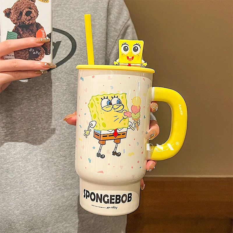 850Ml Spongebob Squarepants Mug Ceramic Water Cup Cute Cartoon Couple Straw Drinking Cup Household Ceramic Cup Coffee Cup Gift