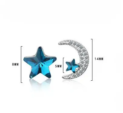 Real 925 Sterling Silver Zircon Moon Star Stud 14K Gold Earrings For Women Asymmetry Cute Fine Jewelry Drop shipping view 6