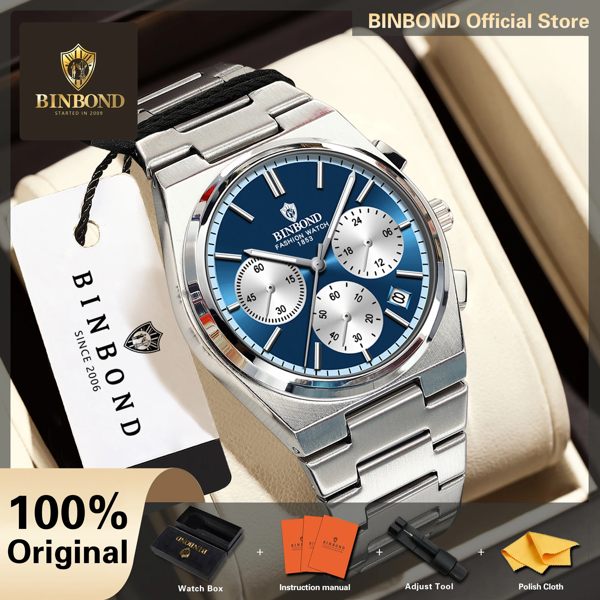 BINBOND Orginal Relojes Quartz Watch For Men Chronograph Luminous Waterproof Luxury Men's Watches Relogio Masculino +Gift Box
