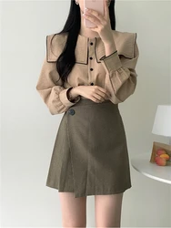 New Vintage solid brown Shirt female Oversize Tops Women Long sleeve Girls Blouse New Autumn Women Blouses femme Blusas