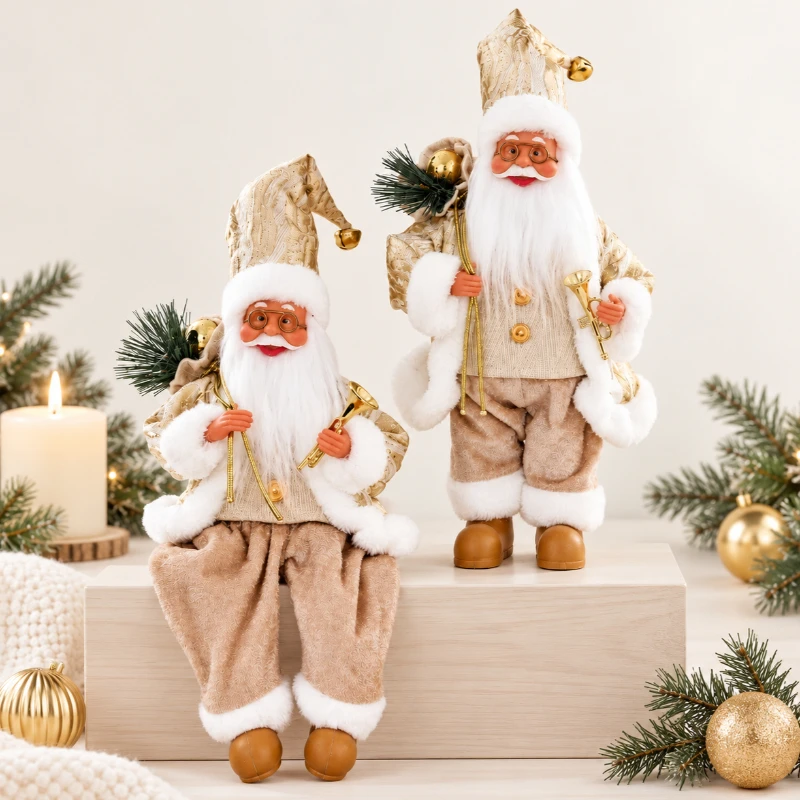 1PC 30cm Santa decoration ornament, golden gift bag with musical instrument sitting/standing Santa decoration, festive gift