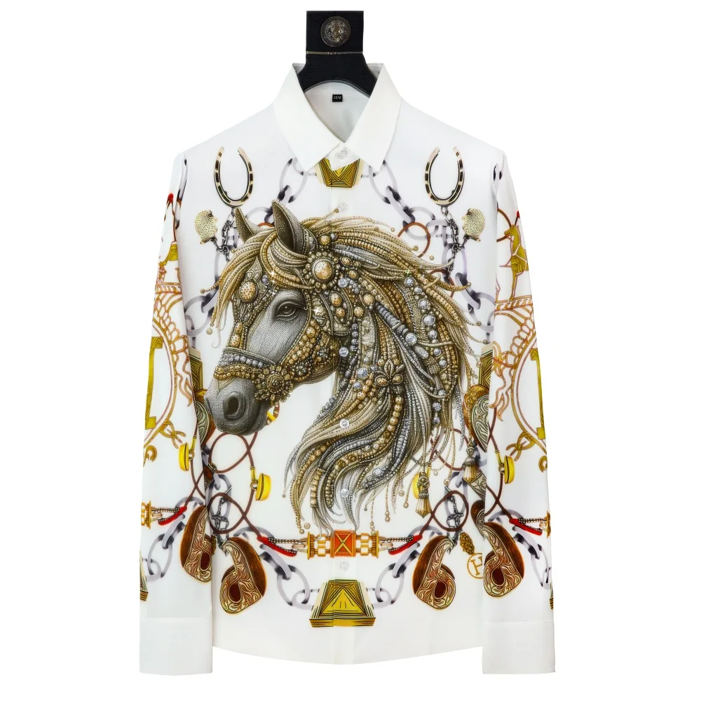 Brand Luxury Rhinestone Shirt Men's High-quality Horse Print Slim Fit Casual Shirt Social Business Banquet Party Shirts M-5XL
