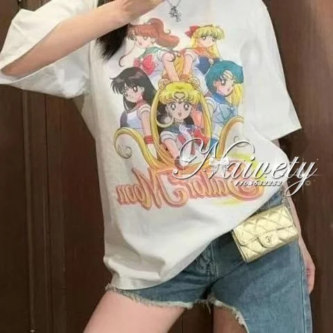 2026 Sommer Heißer Neuer 90er Anime Sailor Moon Vintage Anime-Print Baumwoll-T-Shirt für Herren und Damen Lässiges Lockeres Paar-T-Shirt Süße Oberteile Y2k