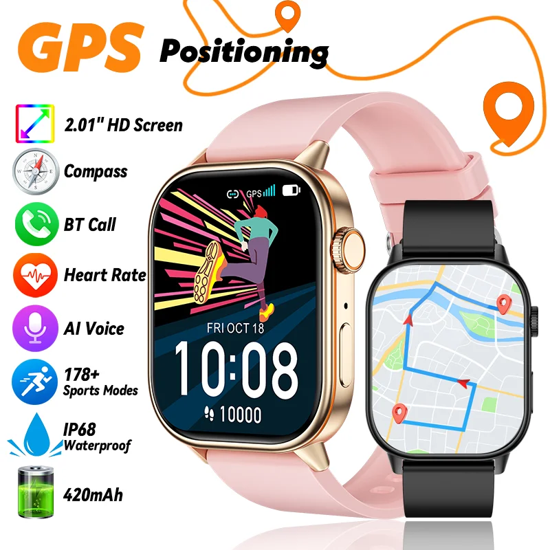 

LIGE 2025 For Android IOS GPS Smart Watch Women 2.01" HD Screen Heart Rate Bluetooth Call Compass IP68 Waterproof Men Smartwatch