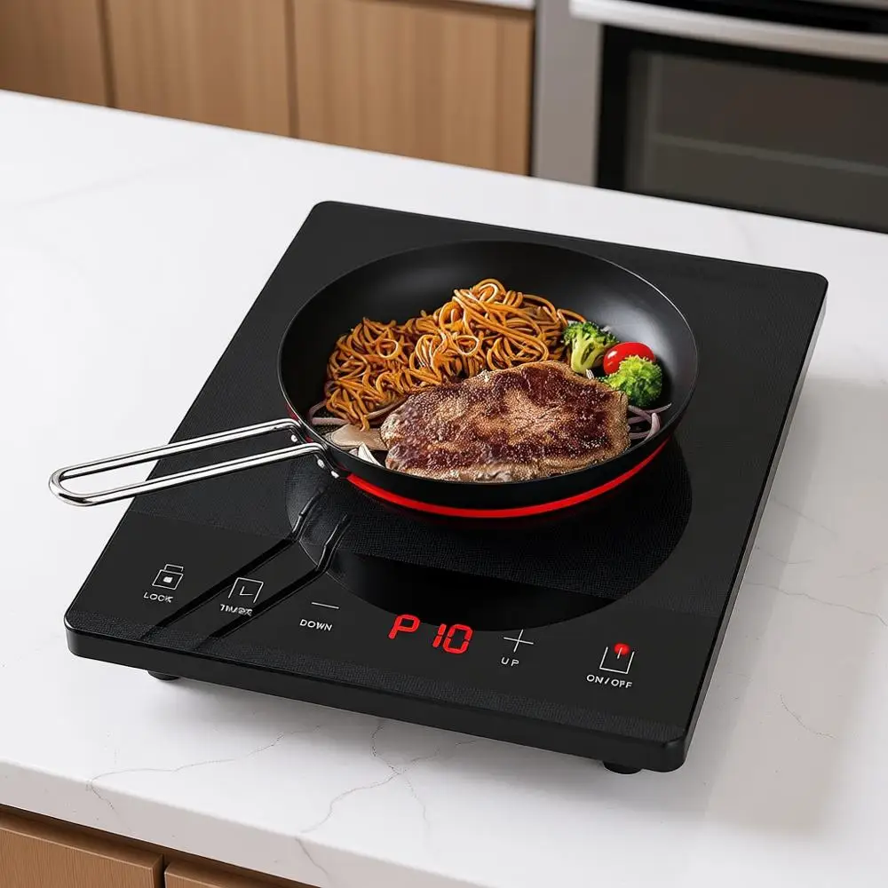 

Portable Single Burner Electric Cooktop with 24-Hour Timer, Child Safety Lock, 1800W, Compatible with All Cookware