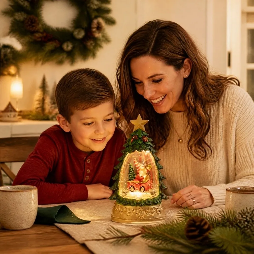 Christmas Tree Shape Christmas Snow Globe Lighted Floating Snowflakes Lighted Water Lantern Desktop Ornament Handicrafts