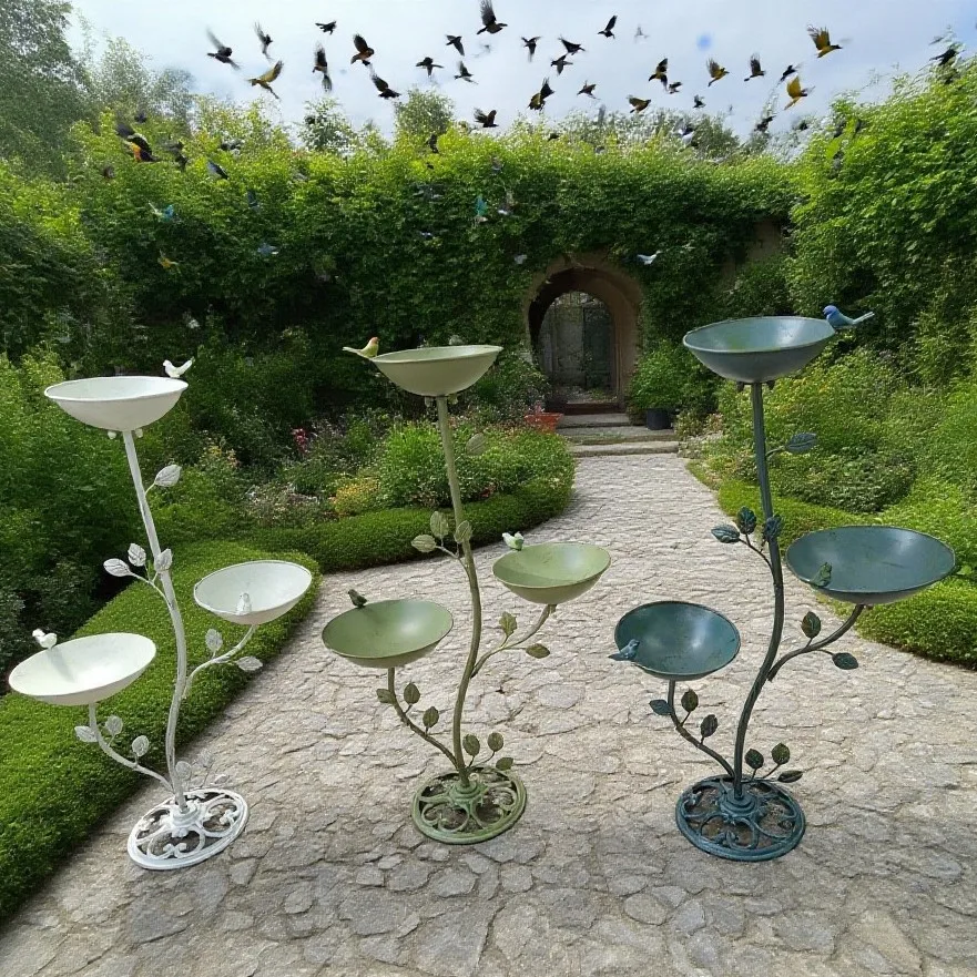 Three-disc bird feeder Outdoor column type bird food bowl bird bath ornament