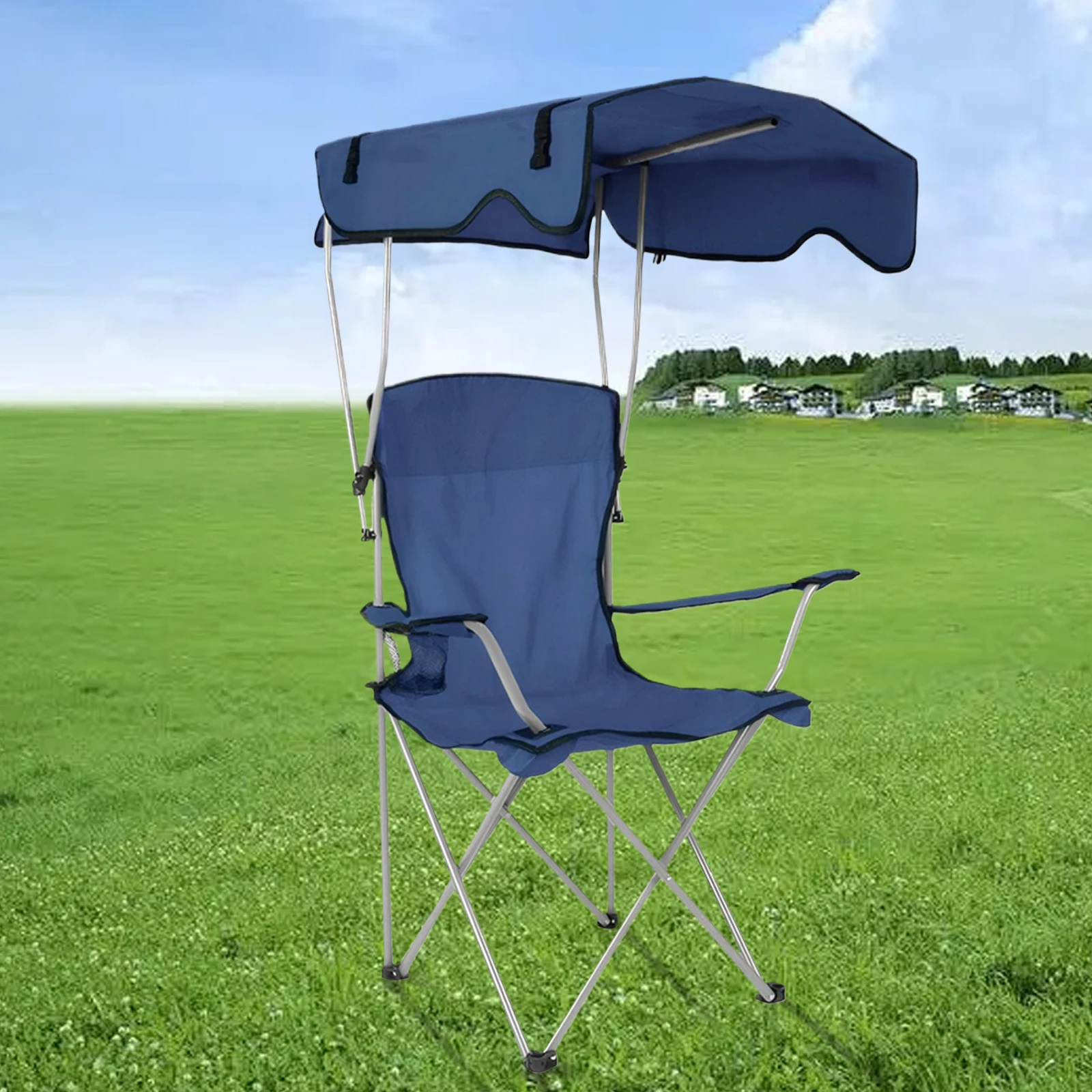 

Large Camping Lawn Chair with Ceiling & Cup Holder Folding Fishing Chair Waterproof Portable Sunshade Chair for Poolside Travel