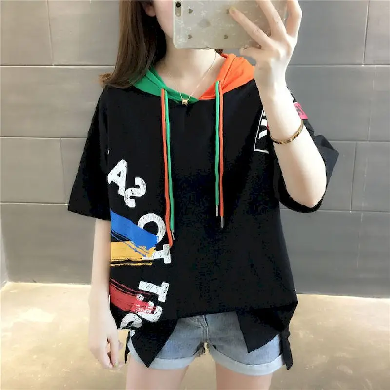 Hooded Short-sleeved T-shirt Women 2024 Spring Summer New Fashion Womens Tops Loose Color Matching Graffiti Half-sleeved T Shirt