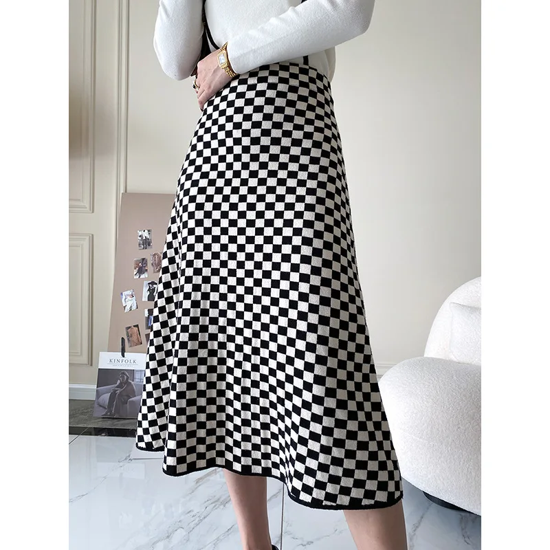 DUEWEER Plaid High Waist Midi Knit Skirt for Women 2022 Luxury Fall Outfits Winter Elegant Long Skirts Harajuku Korean Fashion