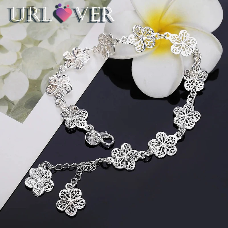 

URLOVER Charm 925 Sterling Silver Flowers Chain Bracelets for Women Retro Fashion Wedding Party Christmas Gift Fine Jewelry Cute