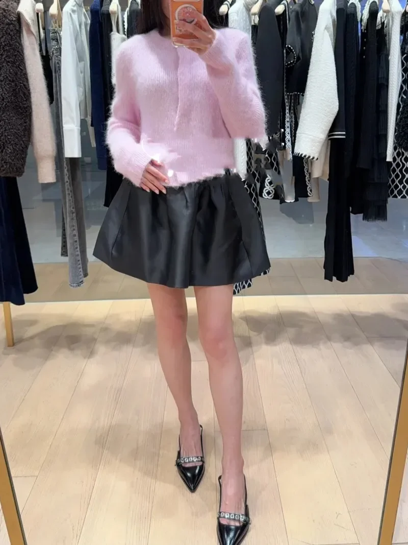 Pink Knit Cardigan Women's Diamond Bow Buckle Female Long Sleeve Soft Sweater Knitwear with Double Pockets 2026 Spring New