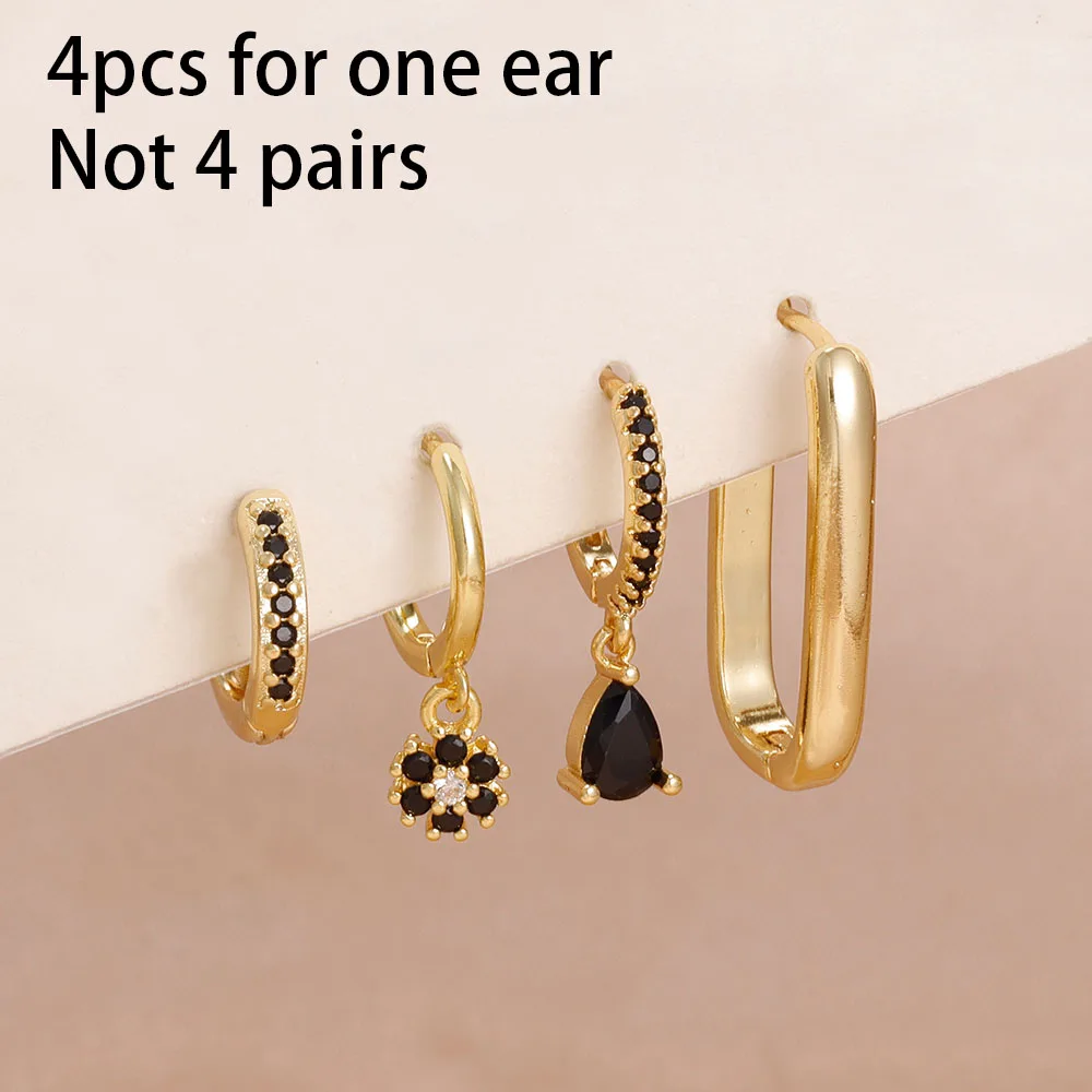 4pcs Trendy 14K Gold Color Crystal Stainless Steel Hoop Earrings Set for Women Simple Geometric Round Pendant Earring Jewelry