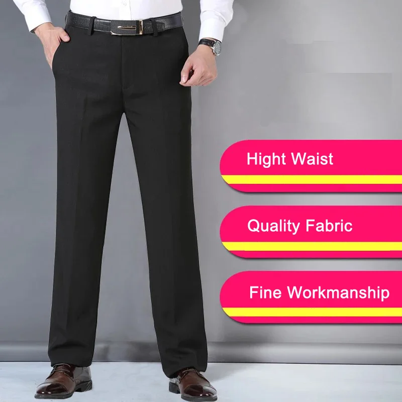 Herren Business-Anzughose, Casual, Mittellange, Weiche, Gepflegte Marken-Arbeitshose, Gerade Passform, Schwarz/Grau, Große Größen 28-40 – Detail 2