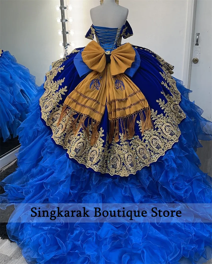 2026 Royal Blue Mexi Beaded Quinceanera Dress Horse Lace Appliques Princess Crystals Ruffles Beads 16th Customized 