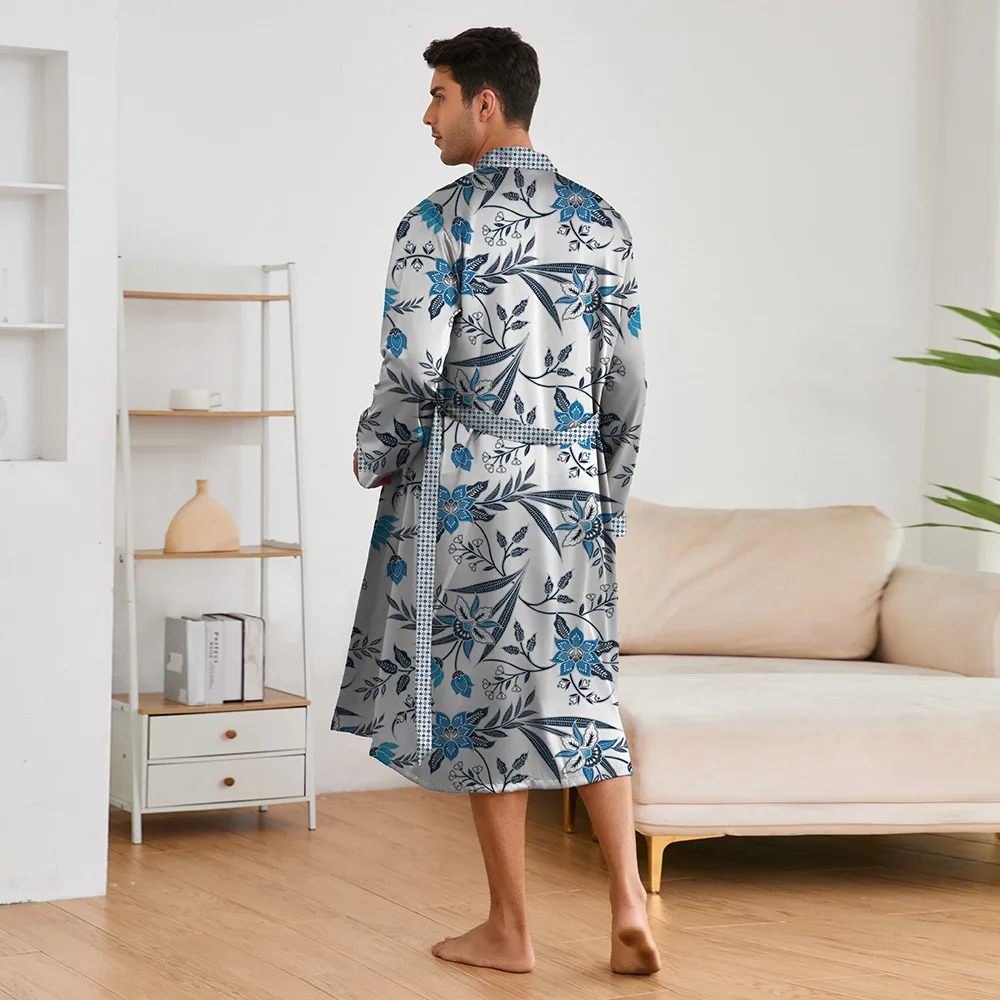 Primavera verão masculino pijama 2 pçs robe shorts conjunto impressão cetim quimono roupão de banho solto casa roupas loungewear