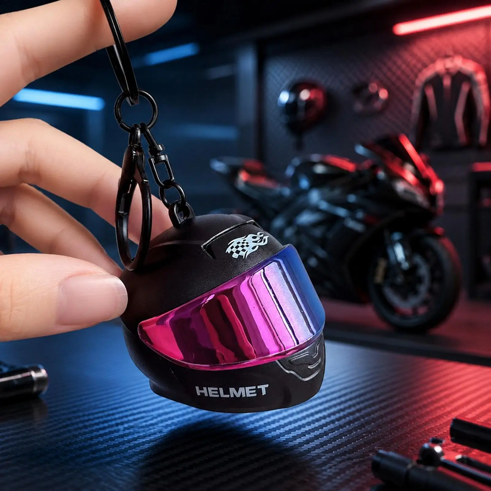 Mini LED Helmet Keychain With Light Glowing Motorcycle Helmet Pendant Cute Bag Charm Key Holder For Riders Travelers Daily