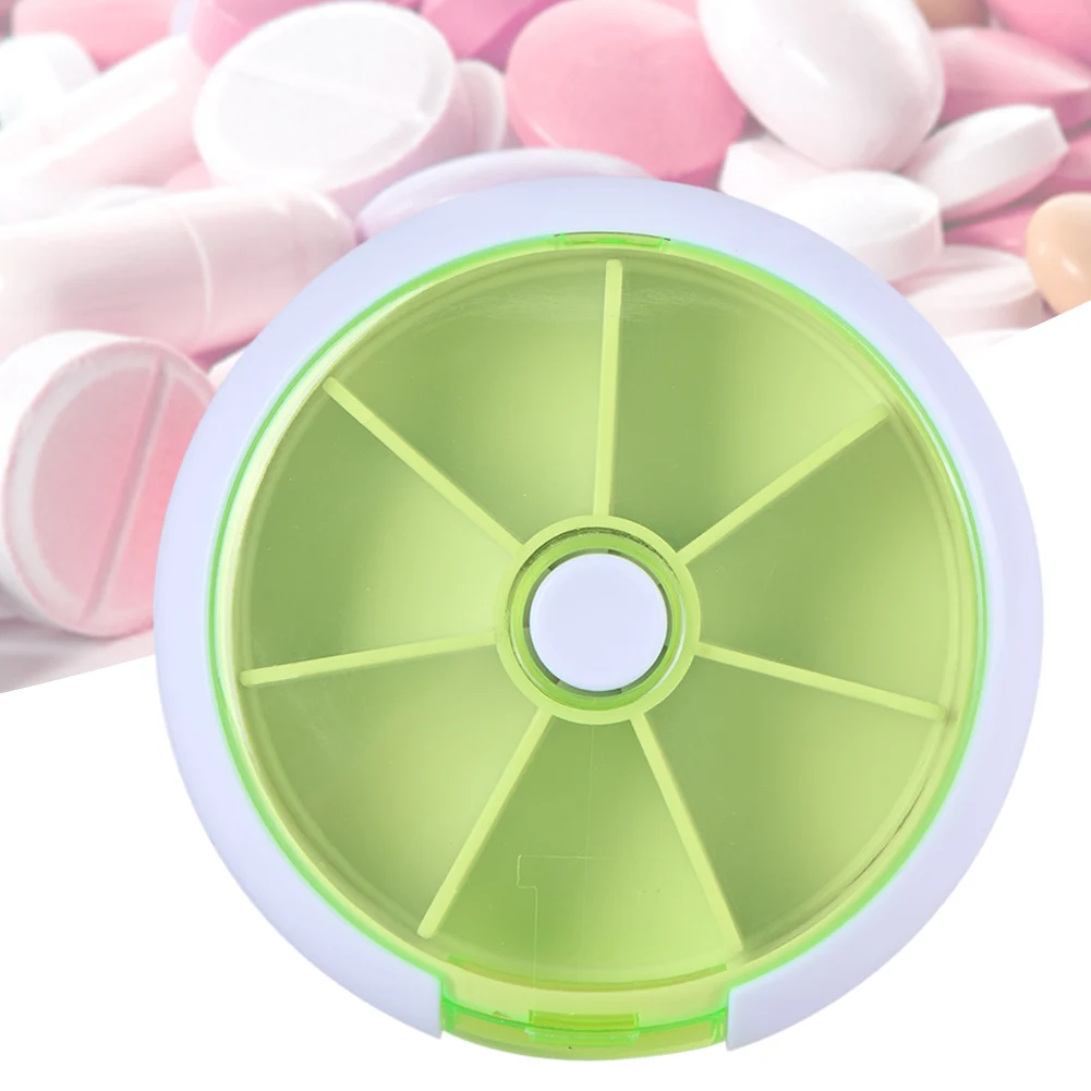 

7-Grid Medicine Tablet Dispenser Button Rotary Mini Round Mints Splitters Case Multifunctional Portable Useful Daily Use