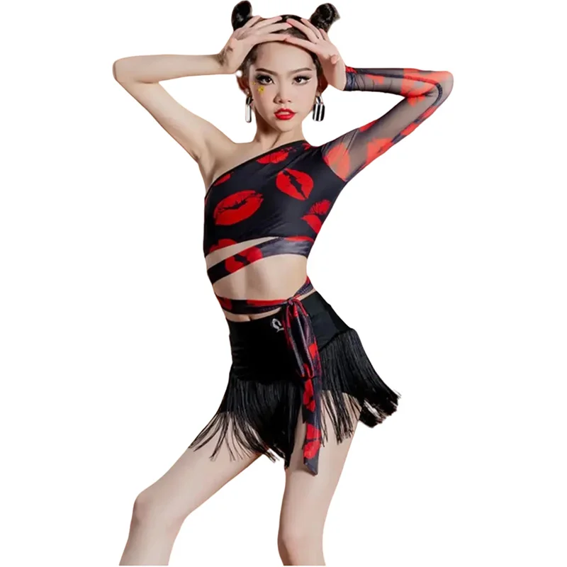 irls Latin Dance Costume Outfit Single Sleeve Tops Tassel Skirt ChaCha Dancing Clothes Children Samba Tango Practice Wear