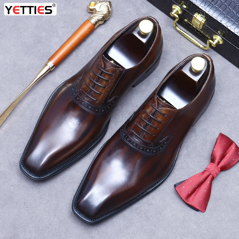 

Genuine Cow Leather Wedding Business Men Casual Flats Vintage Handmade Oxford Shoes For Men Black brown Lace up square toe shoes