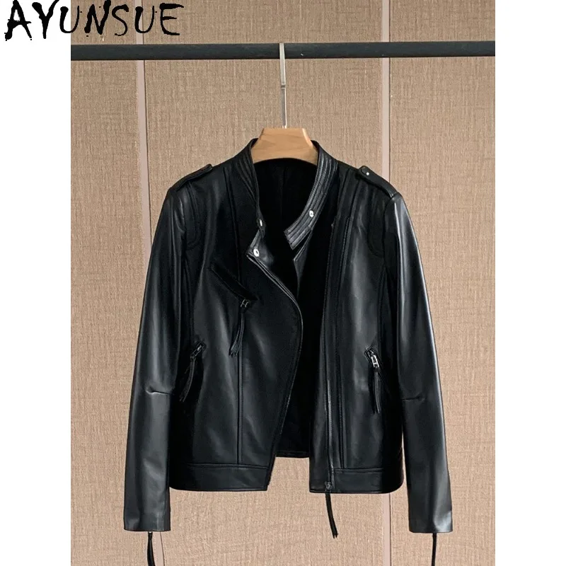 AYUNSUE 100% 천연 양가죽 여성 재킷 2025 겨울 및 봄 짧은 모터사이클 재킷 여성 의류