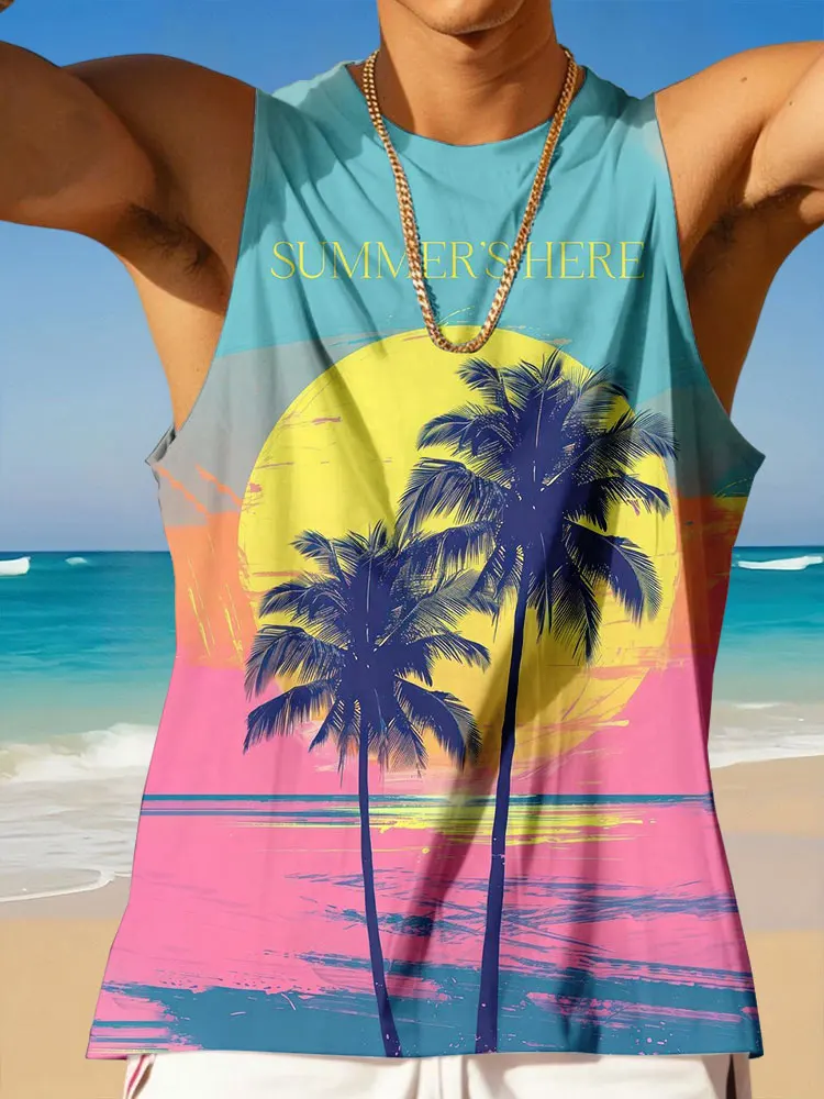 

Hawaiian Outdoor Beach Men's tank top Summer Daily Casual Men's 3D Palm Leaf Printed Men's O-neck men's t-shirts and tank tops
