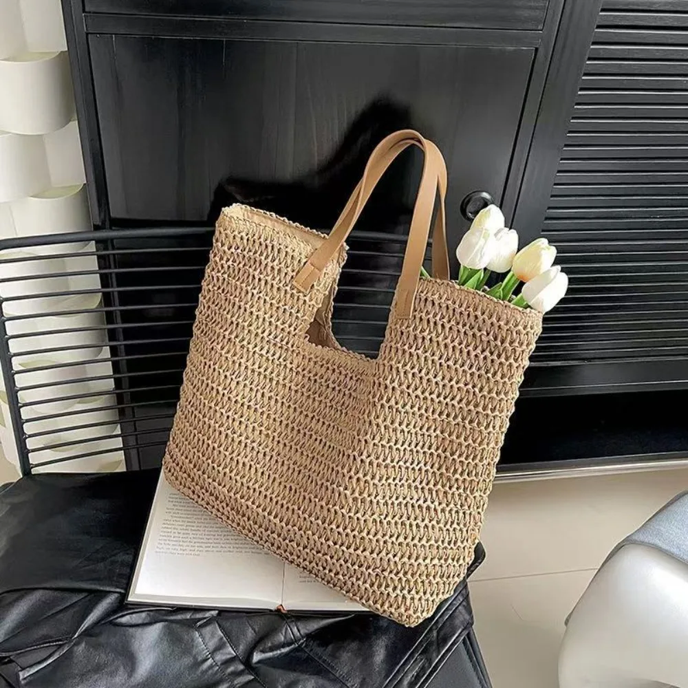 

Casual Large Capacity Beach Straw Bag Commute Simple Woven Tote Bag Summer Magnetic Buckle Laptop Bag Girls