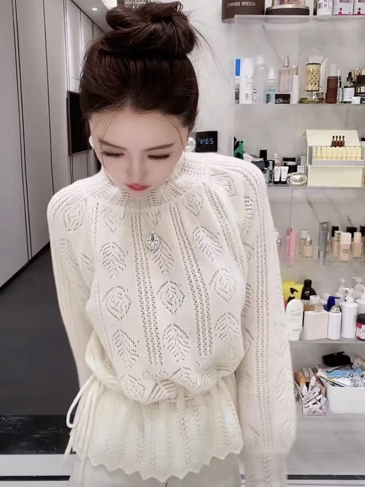 

Tian Jiao Baby Hollow out Knitted Woolen Sweater with Dstring Design French Sle Soft Long Sve Women's Faion