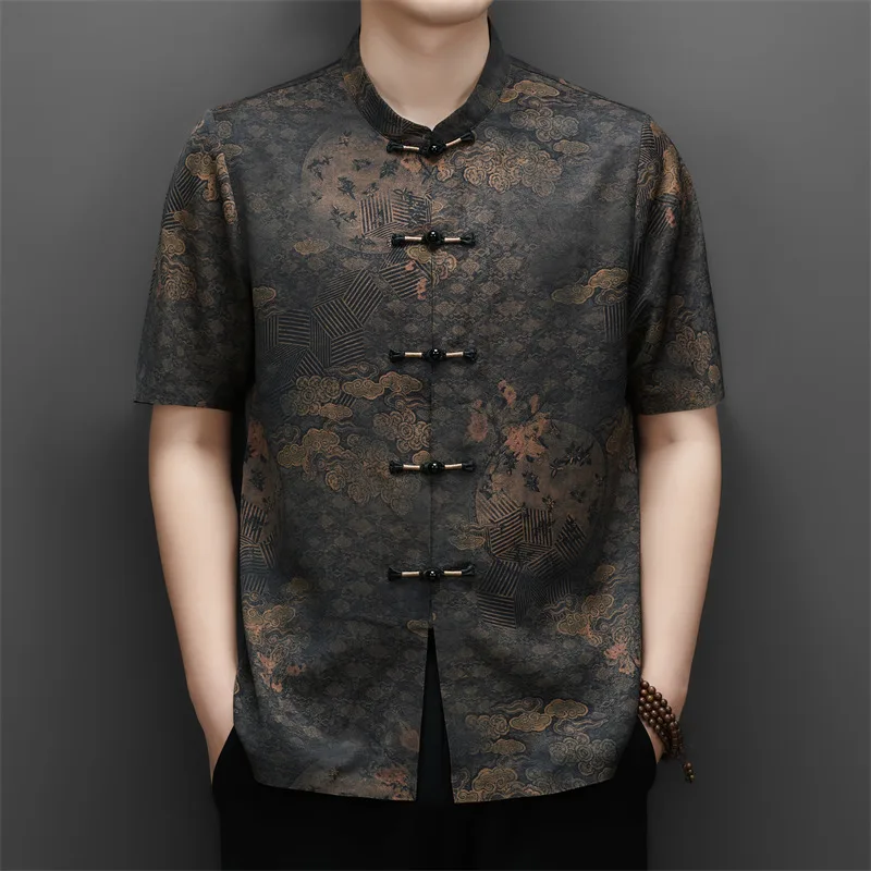 National Style Premium Shirts For Men Short Sleeve Frog Button Summer Quality Print Tang Costume Skin-Friendly Camisas De Hombre